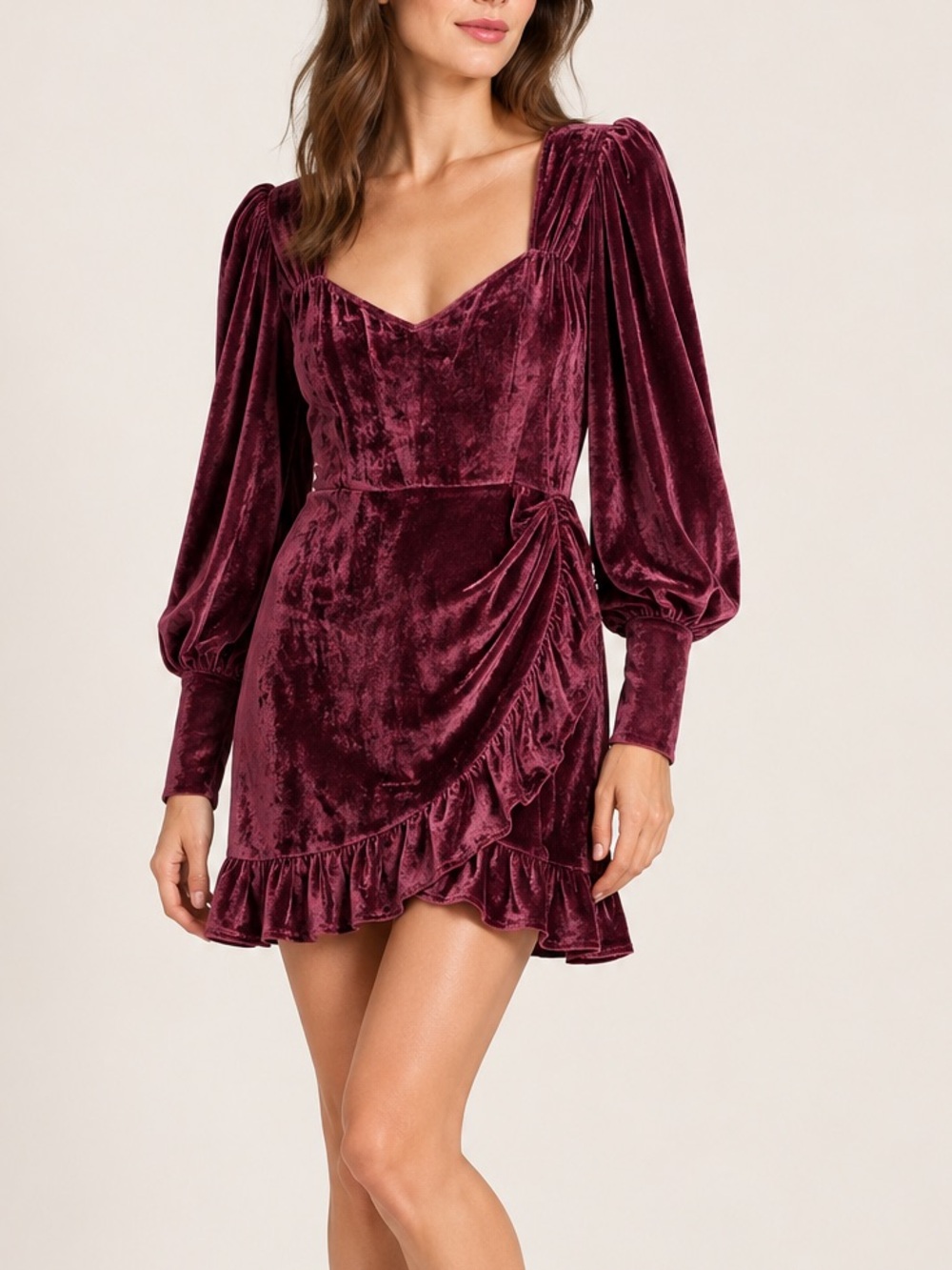 Reformation Fortune Plum Velvet Mini Dress Long Sleeve Ruffle
